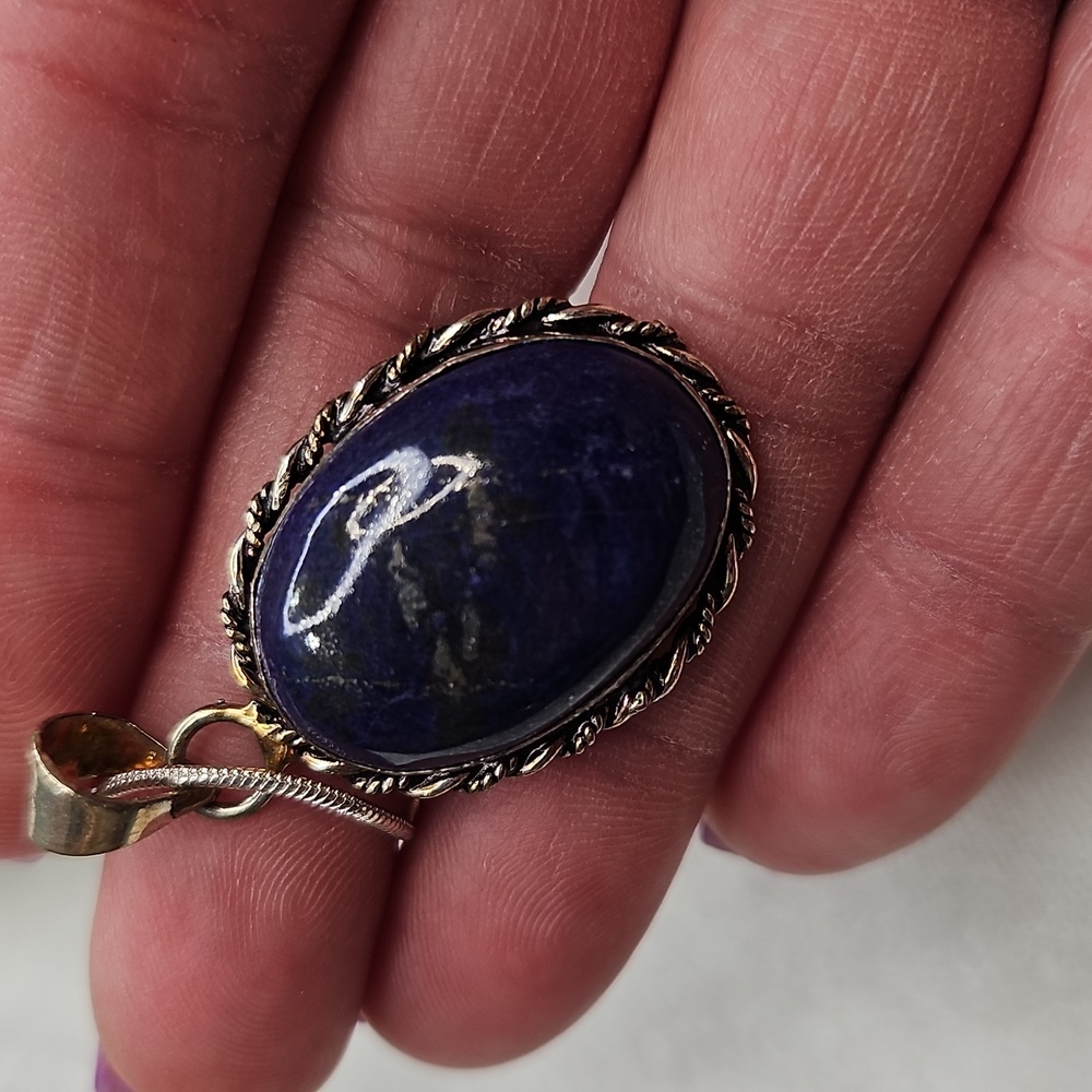 Blue Oval Lapis Lazuli Natural Gemstone Pendant Necklace Silver Plated Chain - Picture 2 of 6